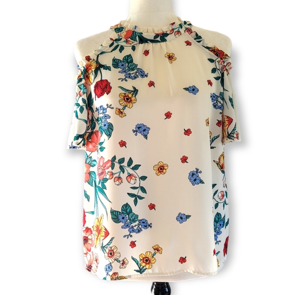 Monteau Floral Cold-shoulder Ruffle Top - Picture 1 of 16